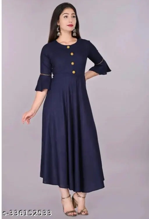 Navy blue solid flared rayon kurta for women, perfect for casual occasions and festivals, crafted in India
