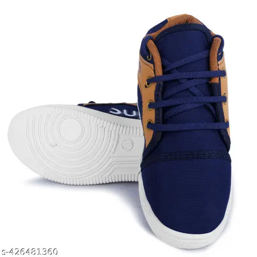 Blue and white sports shoe with laces, featuring a distinctive design