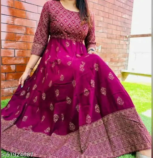 Gold rayon printed anarkali kameez