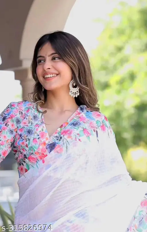 Trendy, colorful floral print saree in vibrant hues
