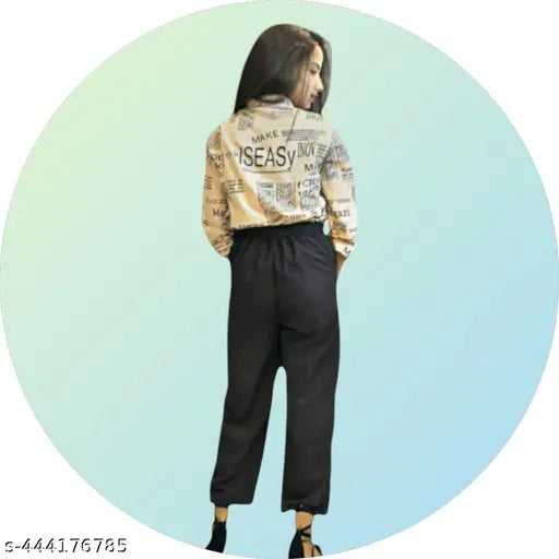 Black-colored crepe paper print jumpsuits for women and girls with three-quarter sleeves and shirt collar, made from poly crepe fabric, India origin
