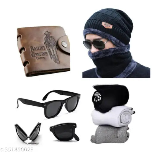 Trendy canvas and leather checked men's wallet with winter cap and 3 pair socks, or sunglasses - free size offer