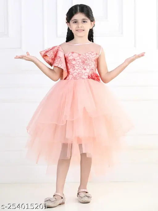 Peach embellished net hilow dress for kids, short sleeves, peach balloon print, size 1-2 years
