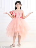 Peach embellished net hilow dress for kids, short sleeves, peach balloon print, size 1-2 years