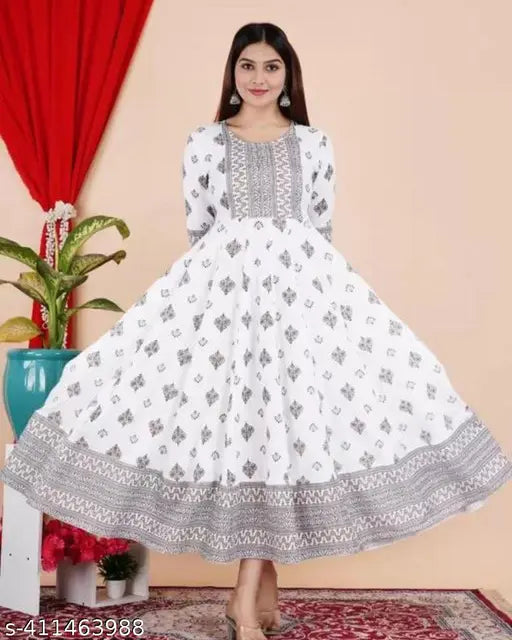 Rayon three-quarter sleeve women's printed Anarkali kurti, vibrant Indian design - M (38in bust, 46in length), L (40in bust, 46in length)