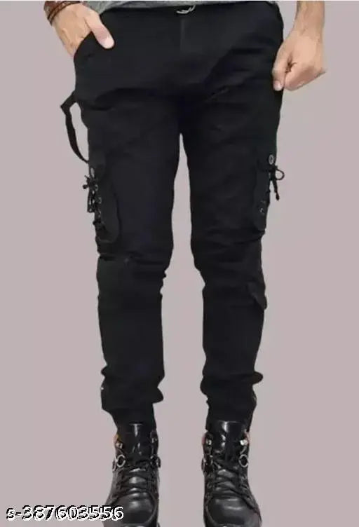 Black cotton-blend cargo jeans by Flaying Men, size 32 for a modern and durable fit