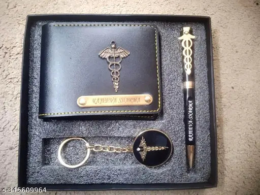 Customised leatherette men's wallet, doctor pen, and keychain set - perfect for medical students or personalized gifts. Solid design with 5 compartments, free size (16cm x 16cm). Made in India