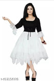 The image depicts a white, round-neck sleeveless dress with ruffles at the bottom, fitting just below the knee
