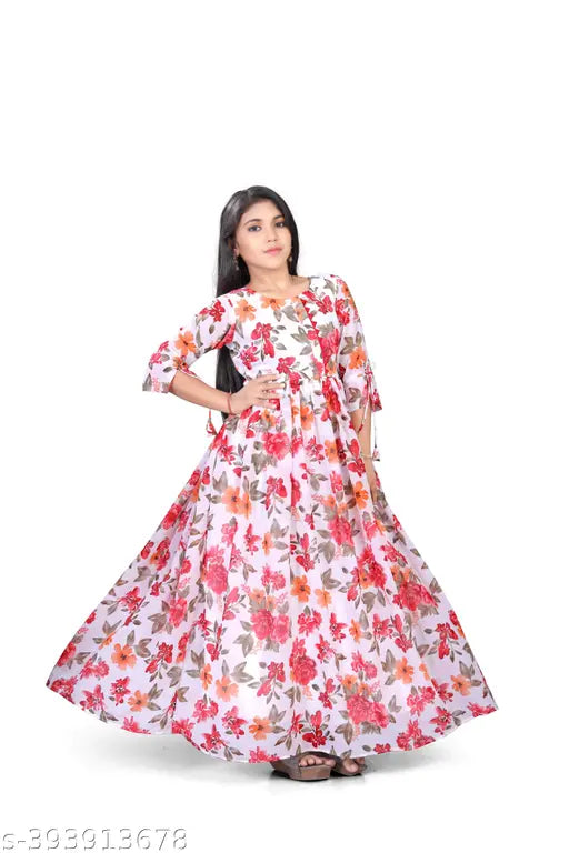 Elegant red printed net Kansai dress for girls, stylish full sleeve and round neck design, size 9-10 years