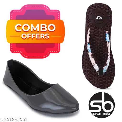 Grey patent leather simple belly & brown dotted Hawai slippers for daily, office, party wear - versatile women's footwear