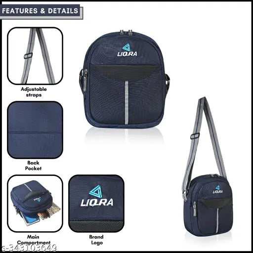 Slender, cross-body sling bag suitable for office, travel or business use. Black with blue logo and zip closure. Multipurpose design allows for various carrying options