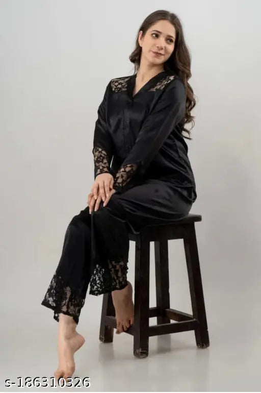 Black satin long-sleeve night suit with lace design, ideal for all-day comfortable loungewear or sleepwear for women