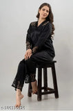 Black satin long-sleeve night suit with lace design, ideal for all-day comfortable loungewear or sleepwear for women