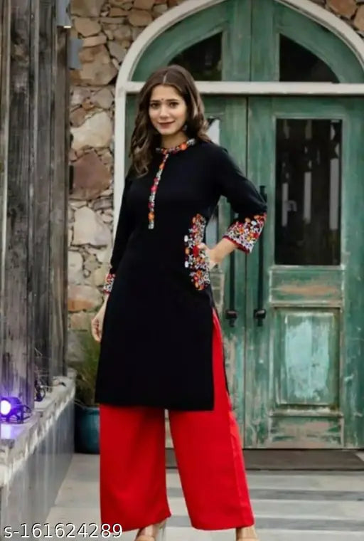 Embroidered Rayon Aaj Women's Kurta Palazzo Set, perfect for functions, festivals, parties, or weddings. Comfortable rayon fabric for daily wear or formal events. Design is versatile for picnic, outdoor, travel, cycling, dancing, and stage performance. Sizes: S, M, L, XL, XXL. Made in India