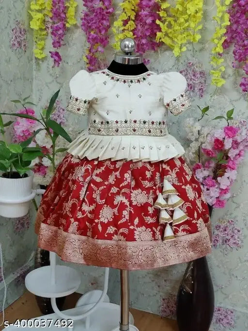 Cream art silk embroidered lehenga choli for girls, brocade pattern, short sleeves, Indian ethnic wear