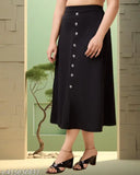 Black cotton blend midi length skirt for women, solid pattern import from India