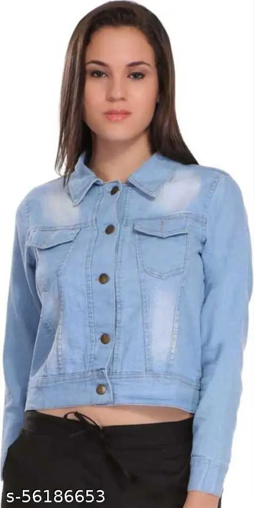 Women's trendy denim jacket, three-quarter sleeves, dyed/washed, size S (36in bust, 18in length, 16in shoulder). High-quality denim lycra jacket