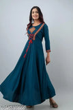 Blue rayon embroidered Anarkali kurta for women, full-length with three-quarter sleeves, handcrafted in Jaipur, India