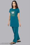 Comfortable green cotton women's night suit with beautiful print, premium quality cotton pyjamas with short sleeves and round neck design, available in sizes L-5XL, originated from India