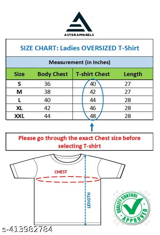 Purple cotton off-shoulder oversized trendy T shirt with sparkling rhinestones and glitter sequins, loose long baggy fit, size chart ladies oversized T shirt, measurement in inches and centimeters