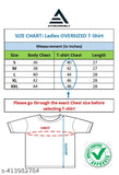 Purple cotton off-shoulder oversized trendy T shirt with sparkling rhinestones and glitter sequins, loose long baggy fit, size chart ladies oversized T shirt, measurement in inches and centimeters
