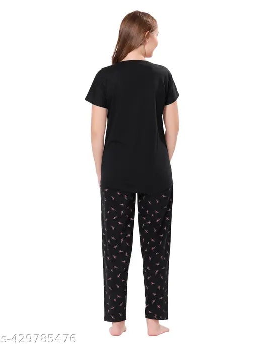 Black printed hosiery night suit, women's sleepwear set with short sleeves, machine washable 100% cotton