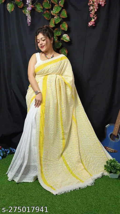 White and gold chiffon saree with Chikankari trending design, free size, 5.5m length, Indian origin