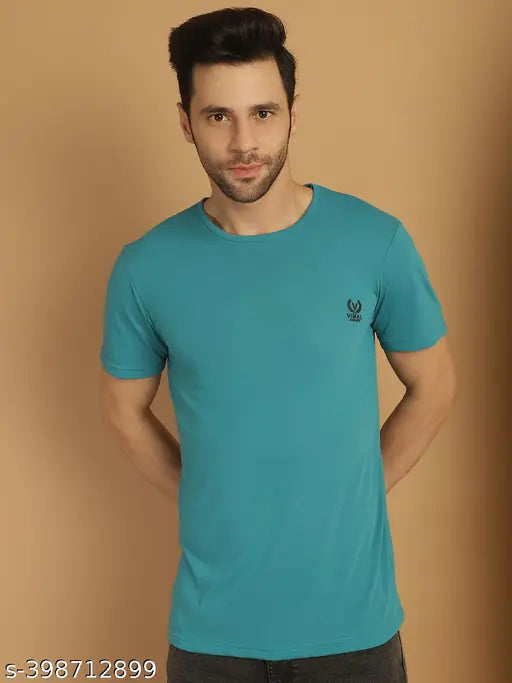 Green cotton short-sleeved regular round men's t-shirt by Vimal Jonney, solid pattern