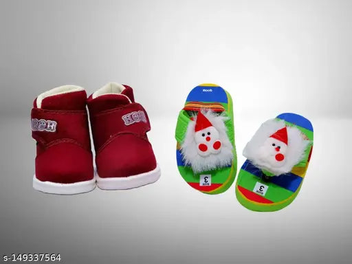 Kids' whimsical slippers with matching teddy slipper, holiday theme - red velvet, plush snowman detail, white fur lining