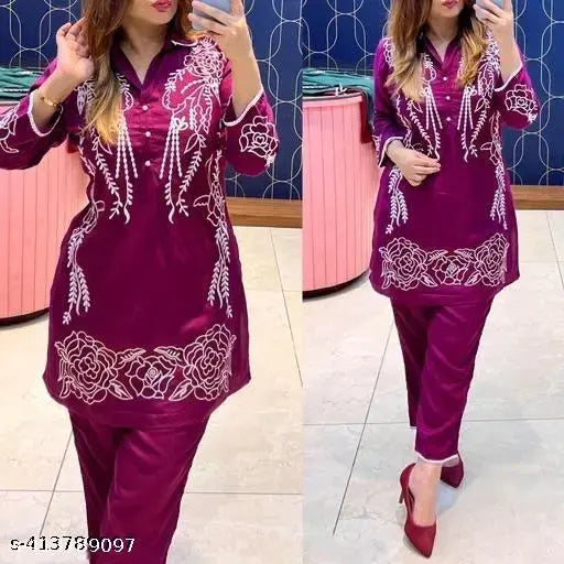 Rayon embroidered kurta pant set, three-quarter sleeves, Indian handcrafted clothing