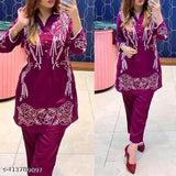 Rayon embroidered kurta pant set, three-quarter sleeves, Indian handcrafted clothing