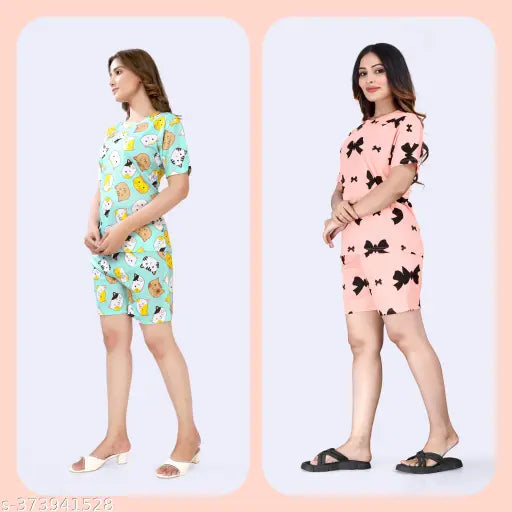 Premium quality polycotton night suit set, printed digital design with half sleeves and shorts, suitable for all women, wrinkle-free fabrics, two side pockets