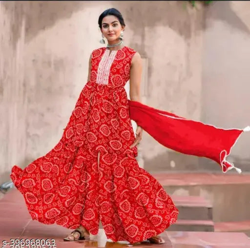 Red Rayon Blend Printed Kurta Sharara Set - Diwali2024 Special SelfGift, Indian-made elegant red attire with sleeveless kurta and matching bottomwear