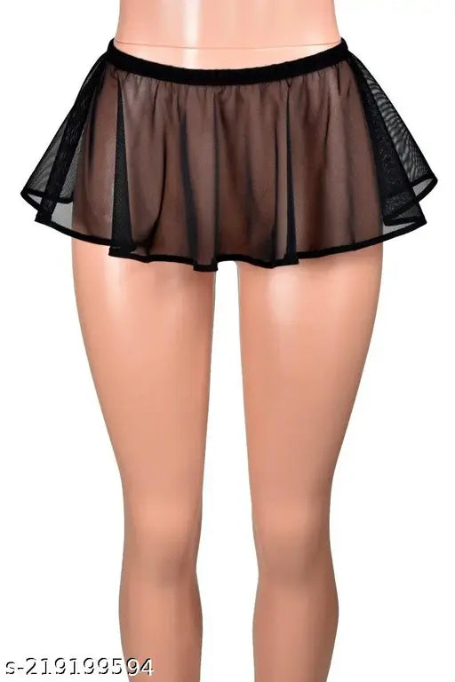 Black stretch mesh mini skirt for women's fun indoor wear, self-design net pattern on elastic waistband