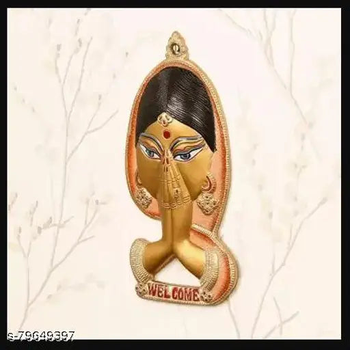 Metal Swagatam lady figurine for home decoration - 30cm x 3cm x 14cm Feng Shui showpiece from VK Collection