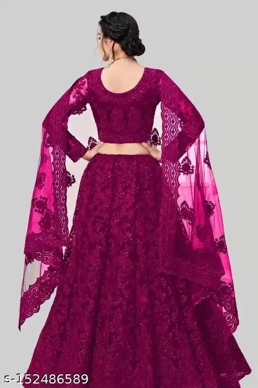 Embroidered net lehenga-choli and dupatta set by FEBRONICS NEW STYEL, semi-stitched in India (44m/42m/2.2m)