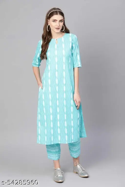 Rayon printed net kurti with palazzo pants, three-quarter sleeves, Indian clothing for women, size L (bust 40 inches), India origin
