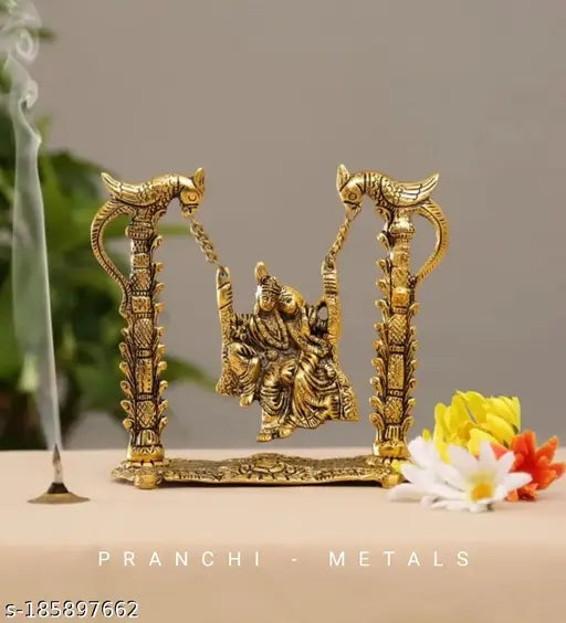 Gold-plated metal Radha Krishna swing jhula statue (Medium Size), handcrafted Indian artware by Pranchi Metals