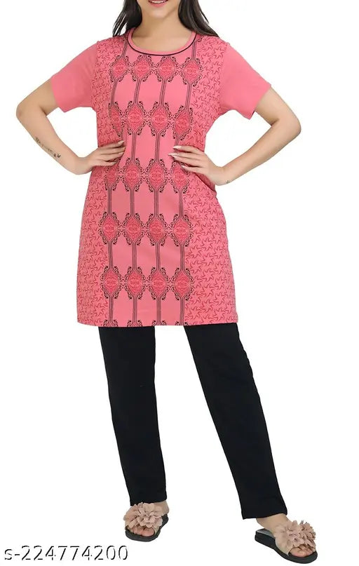 Multicolor printed cotton nightdress set for women, featuring a graphic print and casual fit with round neck, short sleeves, one side pocket (top), drawstring and slant pockets (bottom). Ideal for lounging, leisure, sleepwear, active-wear, or daily use. Made in India