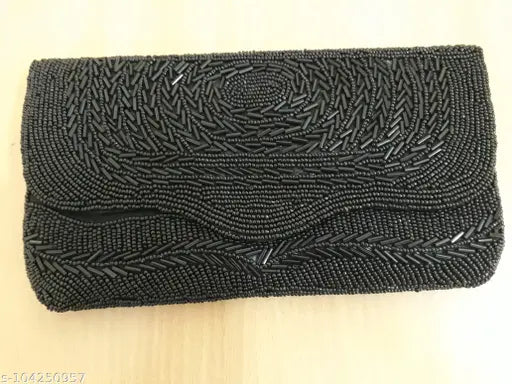 Black beaded clutch with multiple pockets, zip closure