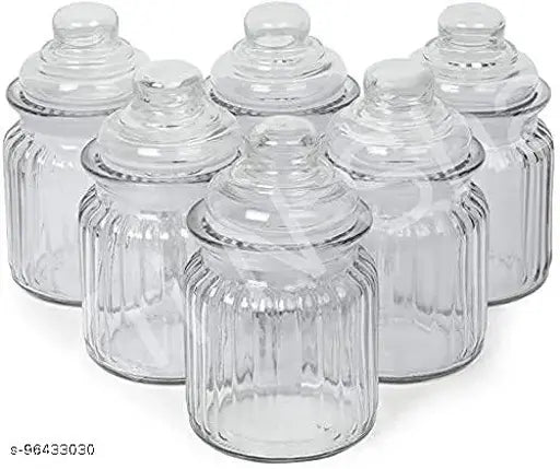VRS MALL air-tight glass jar set with six jars, 350 ml each, for coffee sugar salt tea herbs jam or cookie jar storage