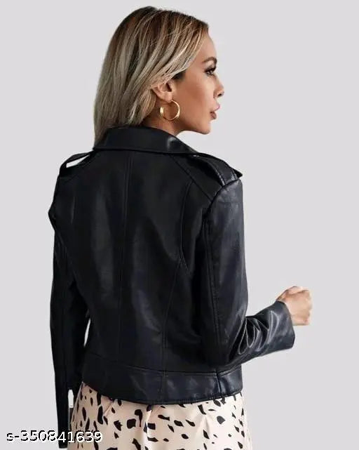 Black faux leather women's jacket, premium quality, long sleeves, solid pattern from AREEBA FASHION