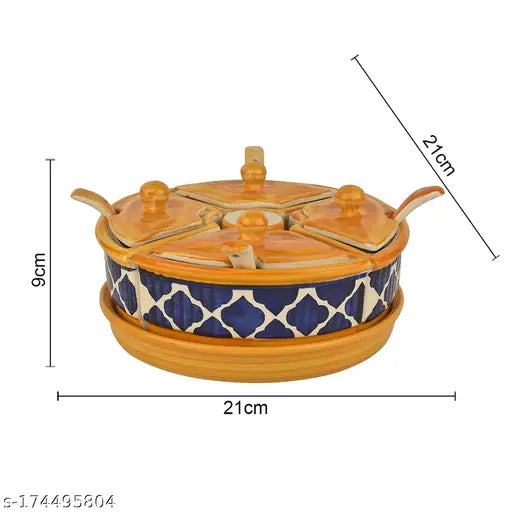 Handpainted ceramic pickle serving jar set with salt dispenser, condiment set. Includes 4 jars, lids, spoons, 1 tray and salt dispenser. Set in vibrant yellow-blue color