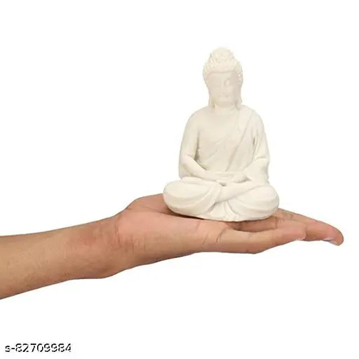 White handcrafted Polymarble Buddha statue, 5.5-inch Indian idol on meditation pedestal