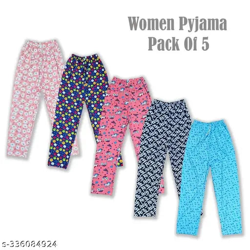 Pastel pajama set with five pants, different colors and patterns, for girls or women