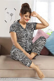 Stylish satin collared night suit printed payjama top set for women, featuring capri pants and short sleeves, available in sizes M, L, XL, XXL