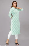 Women's rayon flower print 3/4 sleeve straight kurti, cotton, three-quarter sleeves, Indian handloom crafted design