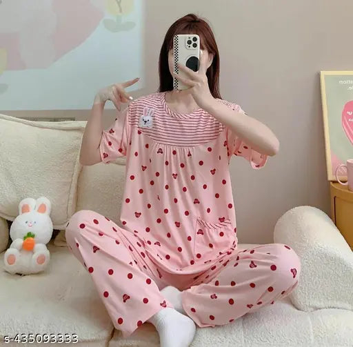 Beige cotton blend printed imp nightsuit set - stylish pyjamas with short sleeves