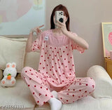 Beige cotton blend printed imp nightsuit set - stylish pyjamas with short sleeves