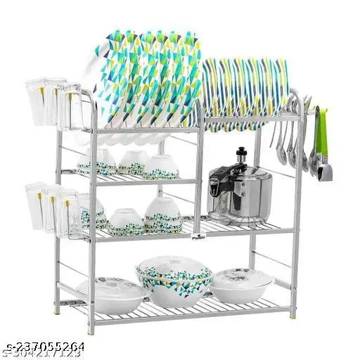 Stainless steel dish rack, wall mountable, with 4 shelves and an upper plate design. Includes one spoon, two glass holders, and a modular kitchen storage rack system
